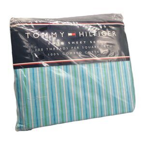 Vtg Tommy Hilfiger Twin Sheet Set Blue Green White Striped Cotton  3 Pieces new